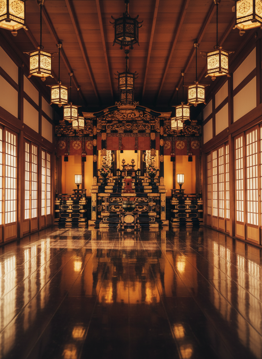 A tranquil interior scene of a Jodo Shu temple hall, featuring a polished wooden floor reflecting the warm glow of lantern-like fixtures overhead. At the center, an ornate Buddhist altar with golden fittings, intricate carvings, and carefully arranged offering vessels stands against a backdrop of rich brocade curtains. Soft, diffused light from shoji screens along one side bathes the space in a calm, amber tone, casting gentle shadows along the floorboards. Photographic realism captures every texture, from aged wood grain to delicate metalwork. The composition is symmetrical and centered, with a deep perspective drawing the eye toward the altar, conveying a sophisticated, solemn atmosphere ideal for explaining memorial services and rituals.