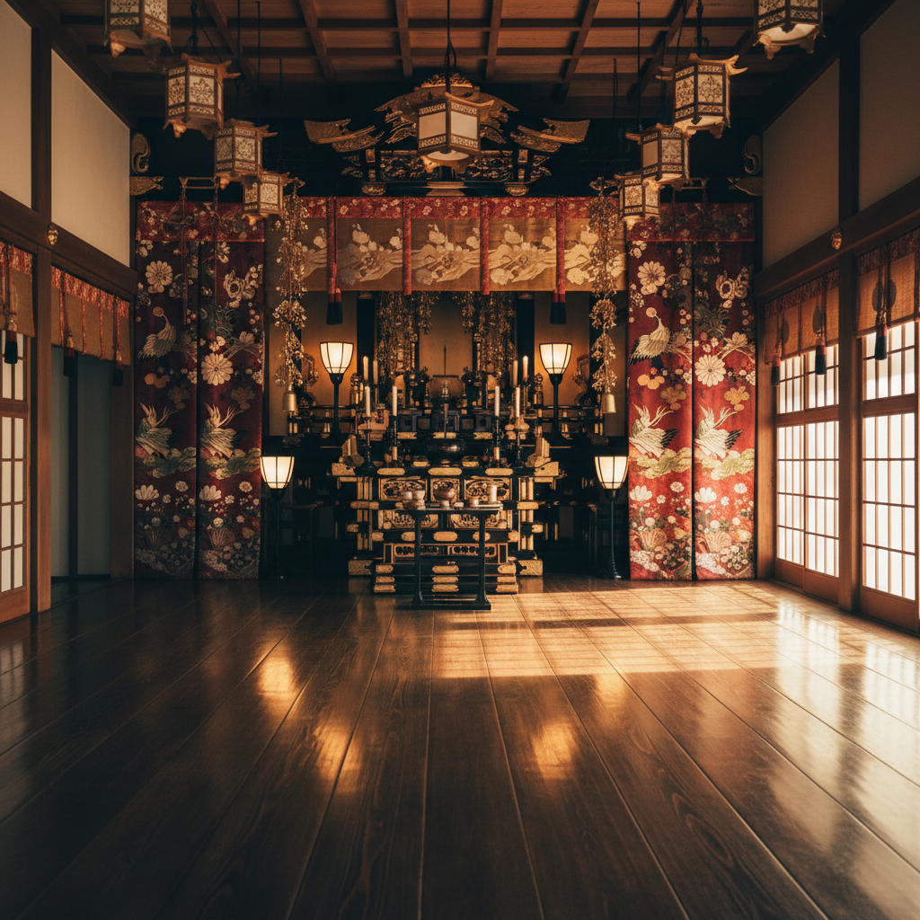 A tranquil interior scene of a Jodo Shu temple hall, featuring a polished wooden floor reflecting the warm glow of lantern-like fixtures overhead. At the center, an ornate Buddhist altar with golden fittings, intricate carvings, and carefully arranged offering vessels stands against a backdrop of rich brocade curtains. Soft, diffused light from shoji screens along one side bathes the space in a calm, amber tone, casting gentle shadows along the floorboards. Photographic realism captures every texture, from aged wood grain to delicate metalwork. The composition is symmetrical and centered, with a deep perspective drawing the eye toward the altar, conveying a sophisticated, solemn atmosphere ideal for explaining memorial services and rituals.
