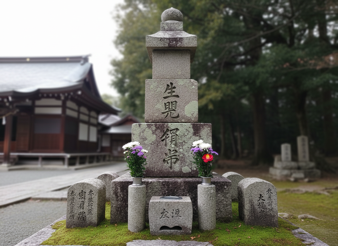 A respectful photographic view of a stone memorial monument dedicated to living beings (seibutsu kuyo), set within a quiet corner of a temple courtyard. The central stone tower has clean, weathered surfaces with carefully carved details, surrounded by smaller stone markers and simple flower vases with seasonal blossoms. Moss and lichen subtly soften the base, suggesting long use and care. Overcast daylight creates soft, shadowless illumination, enhancing the gray stone textures and deep green foliage in the background. Shot from a slightly low angle at close to mid-distance, the monument is prominent while the rest of the courtyard gently recedes into a tasteful blur, evoking compassion, remembrance, and a meditative mood for pages about animal and all-being memorials.