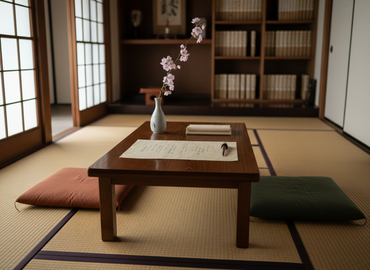 A calm consultation space within a temple building, designed for private talks and guidance without showing any people. A low wooden table with a smooth, dark finish stands on tatami flooring, accompanied by simple floor cushions in subdued earth tones. A small vase with a single seasonal branch rests on the table, beside a neatly arranged stack of blank parchment-like paper and an ink brush to symbolize written prayers and consultations. Natural light filters through shoji screens, creating soft, rectangular patterns on the tatami. The photographic image is composed from a slightly elevated angle, with a shallow depth of field emphasizing the table and its contents, while built-in shelves with neatly arranged sutra volumes blur gently in the background, expressing warmth, trust, and quiet support.