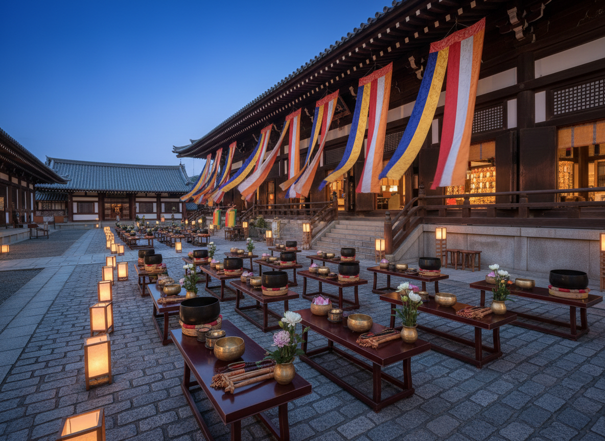 A photographic scene of a temple courtyard during an annual Buddhist ceremony, captured without any people, focusing instead on the carefully prepared setting. Colorful ritual banners hang from the eaves of a wooden hall, moving slightly in a gentle breeze. In the foreground, low tables hold polished brass offering bowls, simple flower arrangements, and neatly aligned wooden ritual implements. Lanterns line a stone pathway leading toward the main hall, their paper shades softly glowing in the early evening blue hour light. The sky is a deepening indigo, and the temple buildings are subtly illuminated, creating a refined, contemplative atmosphere. Shot from a slightly elevated, wide-angle perspective, the composition balances architectural forms and ceremonial objects, suitable for illustrating annual events and observances.
