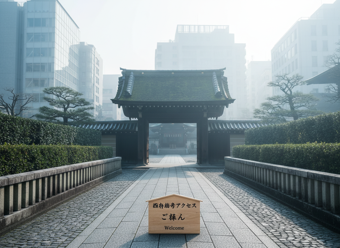 A serene early-morning view of the temple approach in Osaka’s urban Shitennoji district, emphasizing the contrast between sacred space and city surroundings. A stone-paved path, bordered by low walls and carefully trimmed shrubs, leads toward the temple gate with its traditional tiled roof and wooden beams. In the distant background, modern buildings rise discreetly, softly defocused to keep the temple as the main subject. Pale morning sunlight filters through a light haze, casting long, gentle shadows and a cool, quiet tone. Photographic realism reveals subtle dew on leaves and fine texture in the stone pavement. The composition uses leading lines of the path to draw the viewer inward, expressing a sophisticated, welcoming gateway to the temple’s location and access information page.