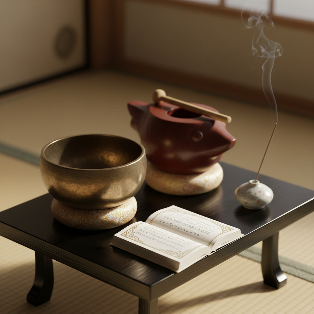 A close-up photographic study of ritual implements used in Jodo Shu memorial services, arranged with elegant simplicity on a low lacquered stand. A finely crafted brass singing bowl with a deep patina sits beside a wooden mokugyo (fish-shaped drum) and a slim, opened sutra book with visible but unreadable decorative markings instead of legible text. A stick of incense smolders in a ceramic holder, its thin smoke curling upward against a softly blurred backdrop of tatami and shoji. Warm, directional side lighting from an unseen window creates delicate highlights on metal and lacquer surfaces, with soft shadows adding depth. Shot with a shallow depth of field and intimate framing, the mood is solemn yet comforting, ideal for pages explaining services, offerings, and prayer practices.
