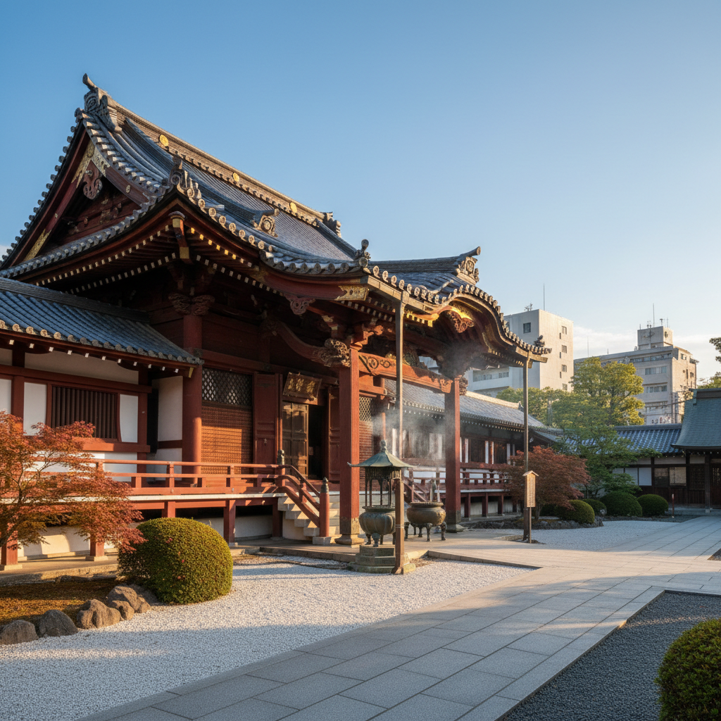 A dignified exterior view of a traditional Jodo Shu temple in Osaka’s Shitennoji area, focusing on a gracefully proportioned main hall with tiled roof, elaborate wooden eaves, and a stone approach path leading from the foreground. Incense smoke rises faintly from a metal incense burner near the entrance, surrounded by raked gravel and neatly pruned greenery. Captured in soft late-afternoon natural light under a clear sky, the wooden pillars and roof tiles are rendered in crisp photographic realism. The composition is at eye level with a slight wide-angle, using the rule of thirds so the main hall is prominent while the urban surroundings are gently blurred, creating a serene yet urban-temple atmosphere suitable for a homepage hero image.
